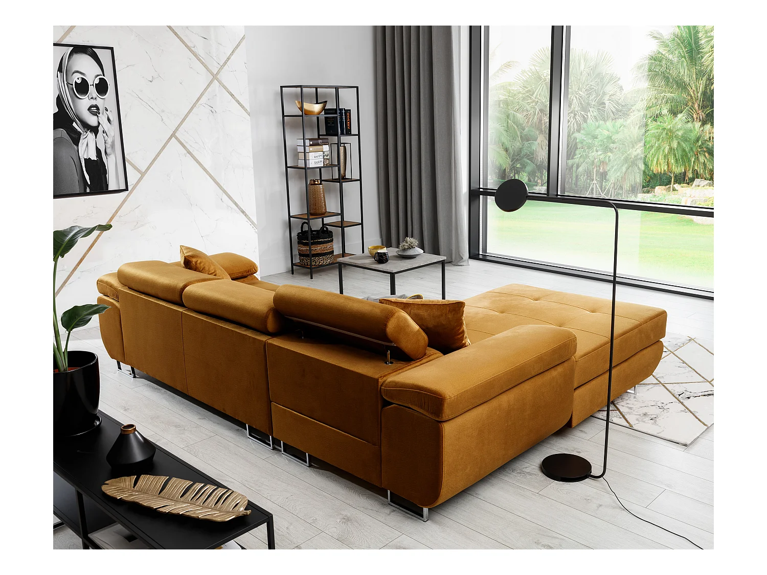 Canapé convertible d'angle gauche velours gris clair avec rangement Wile 280cm