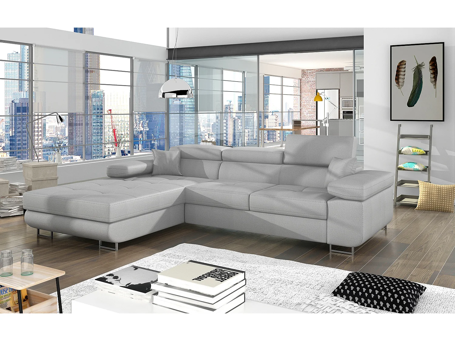 Canapé d'angle convertible velours appuis-tête réglables KALIZO - Coffre et pieds acier chromé-Gris clair-angle gauche