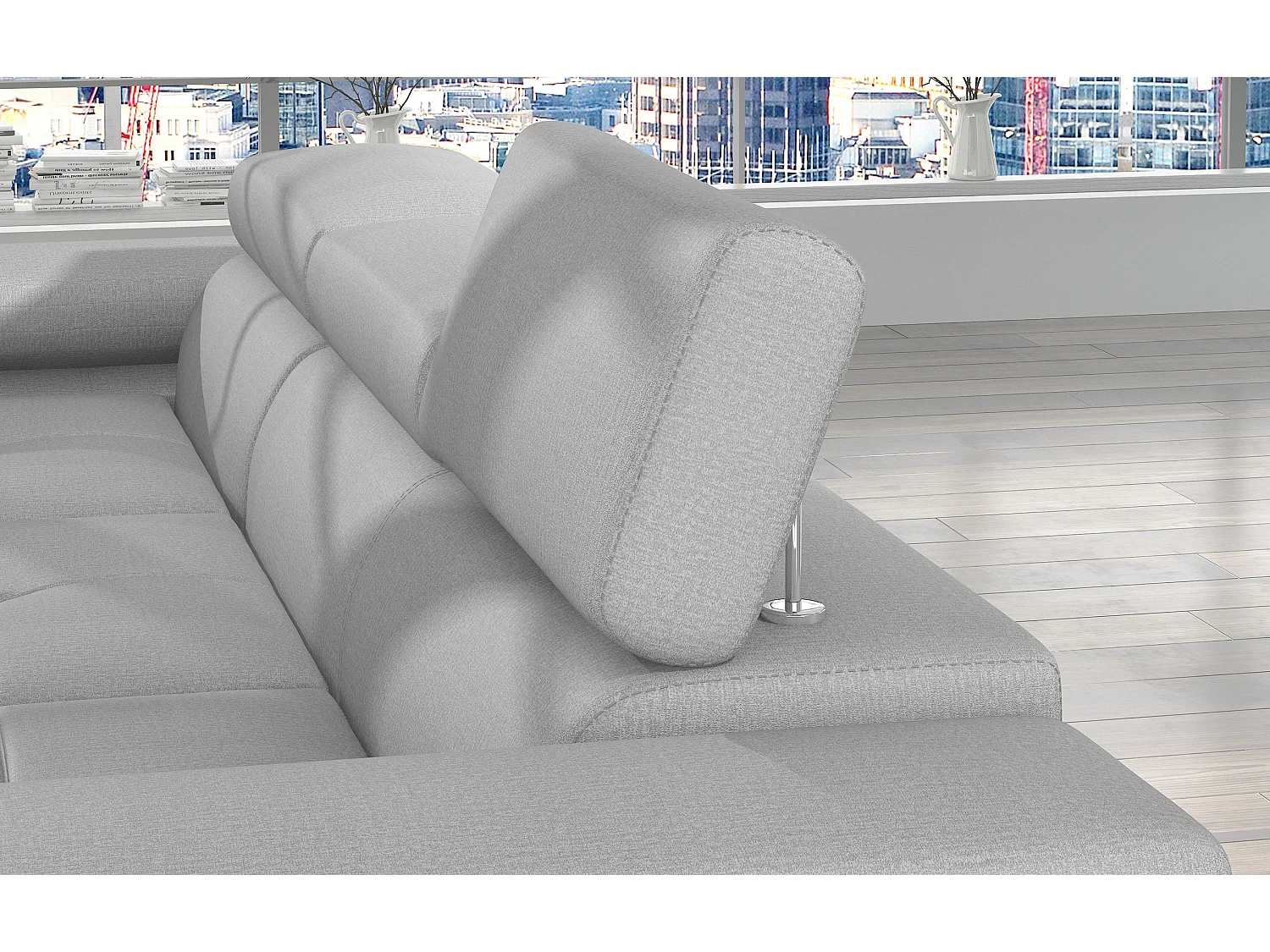 Canapé d'angle convertible velours appuis-tête réglables KALIZO - Coffre et pieds acier chromé-Gris clair-angle gauche