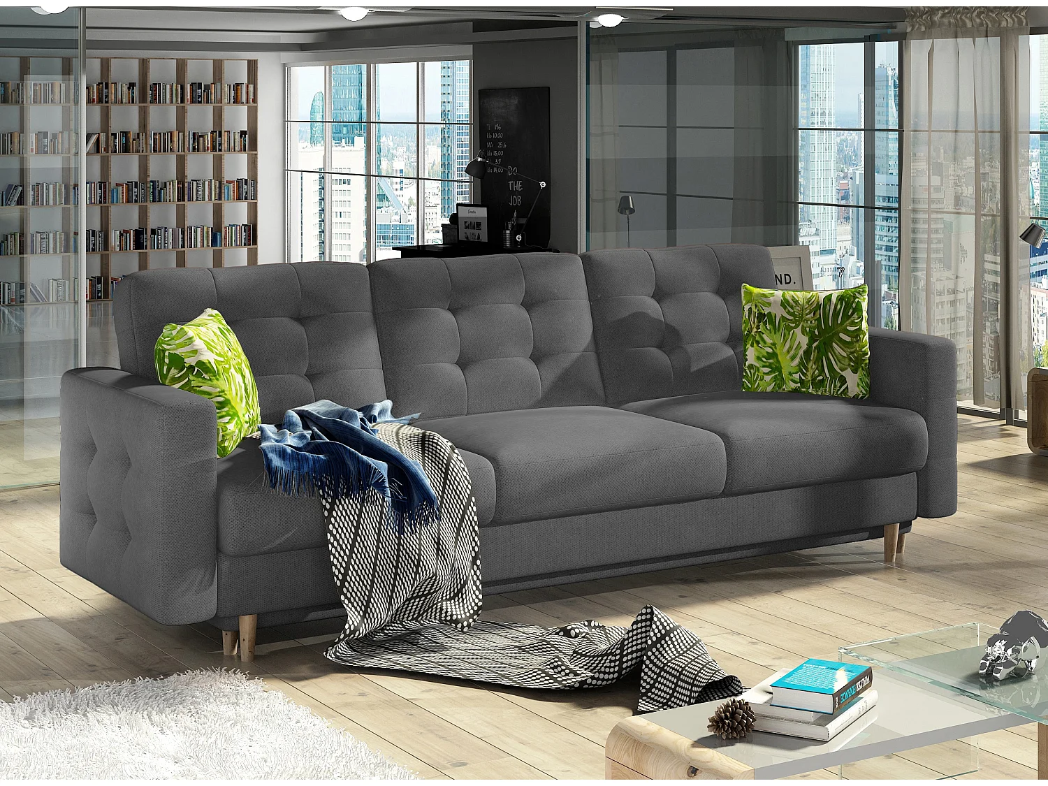 Canapé 3 places convertible matelassé tissu gris foncé Anska 235cm