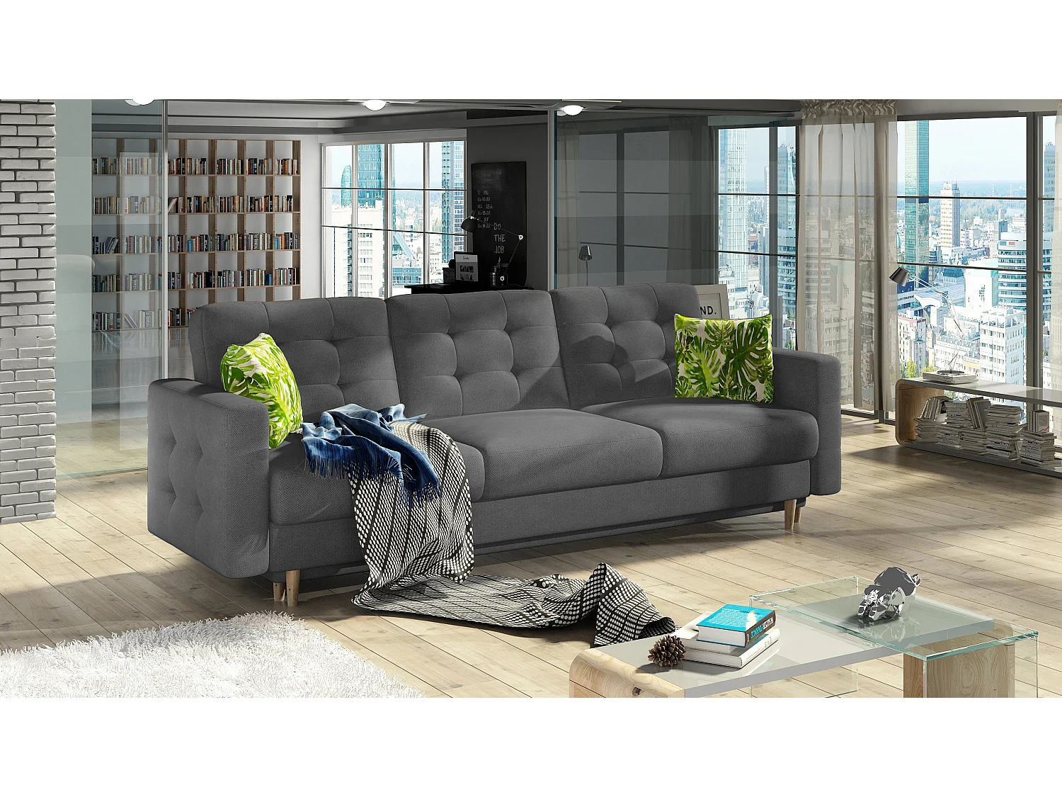 Canapé 3 places convertible matelassé tissu gris foncé Anska 235cm