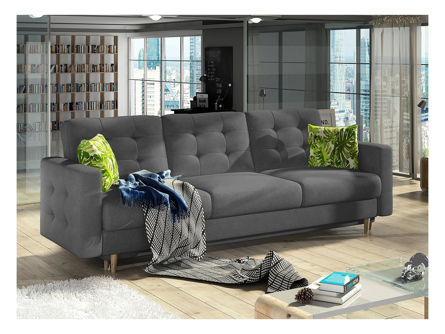 Canapé 3 places convertible matelassé tissu gris foncé Anska 235cm