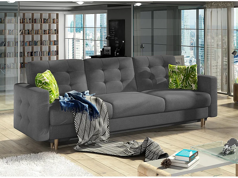 Canapé 3 places convertible matelassé tissu gris foncé Anska 235cm