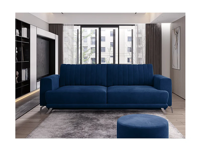 Canapé convertible design 3-4 places tissu bleu foncé et pieds acier chromé Eliza 250cm