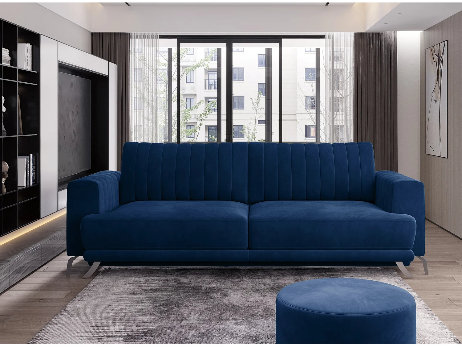 Canapé convertible design 3-4 places tissu bleu foncé et pieds acier chromé Eliza 250cm