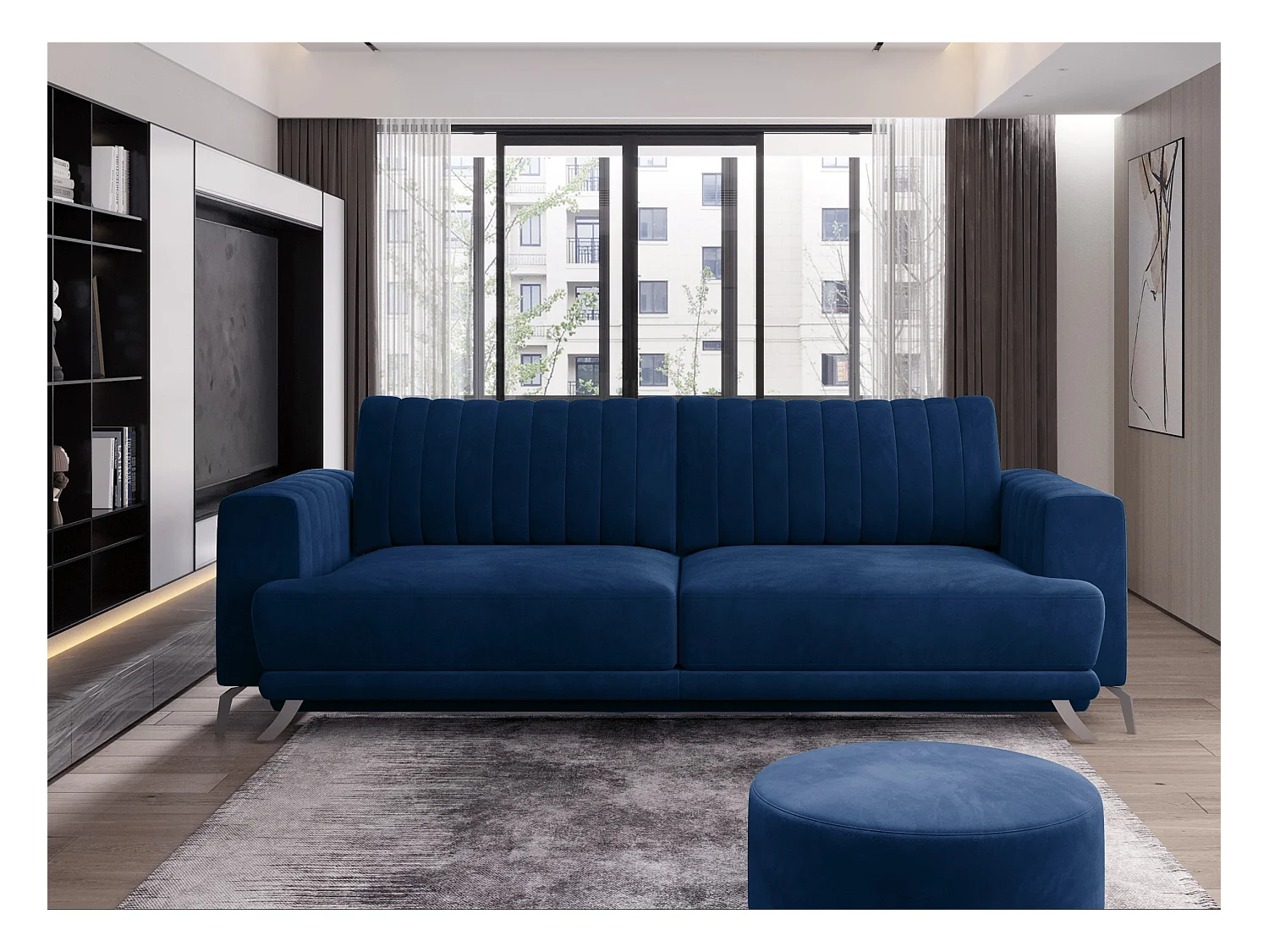 Canapé convertible design 3-4 places tissu bleu foncé et pieds acier chromé Eliza 250cm