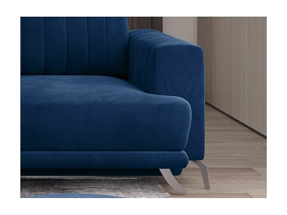 Designer 3/4-zits slaapbank in donkerblauwe stof en chroomstalen poten Eliza 250 cm