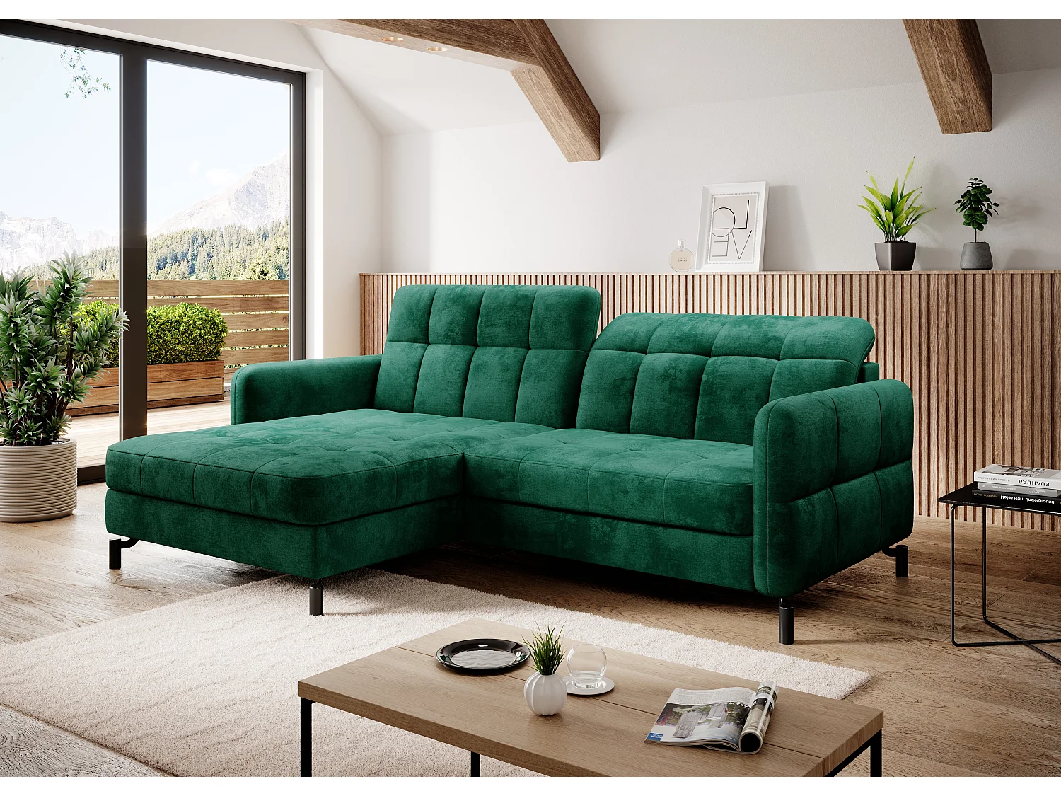 Canapé d'angle convertible velours avec coffre de rangement LORI-Vert épinard-angle gauche