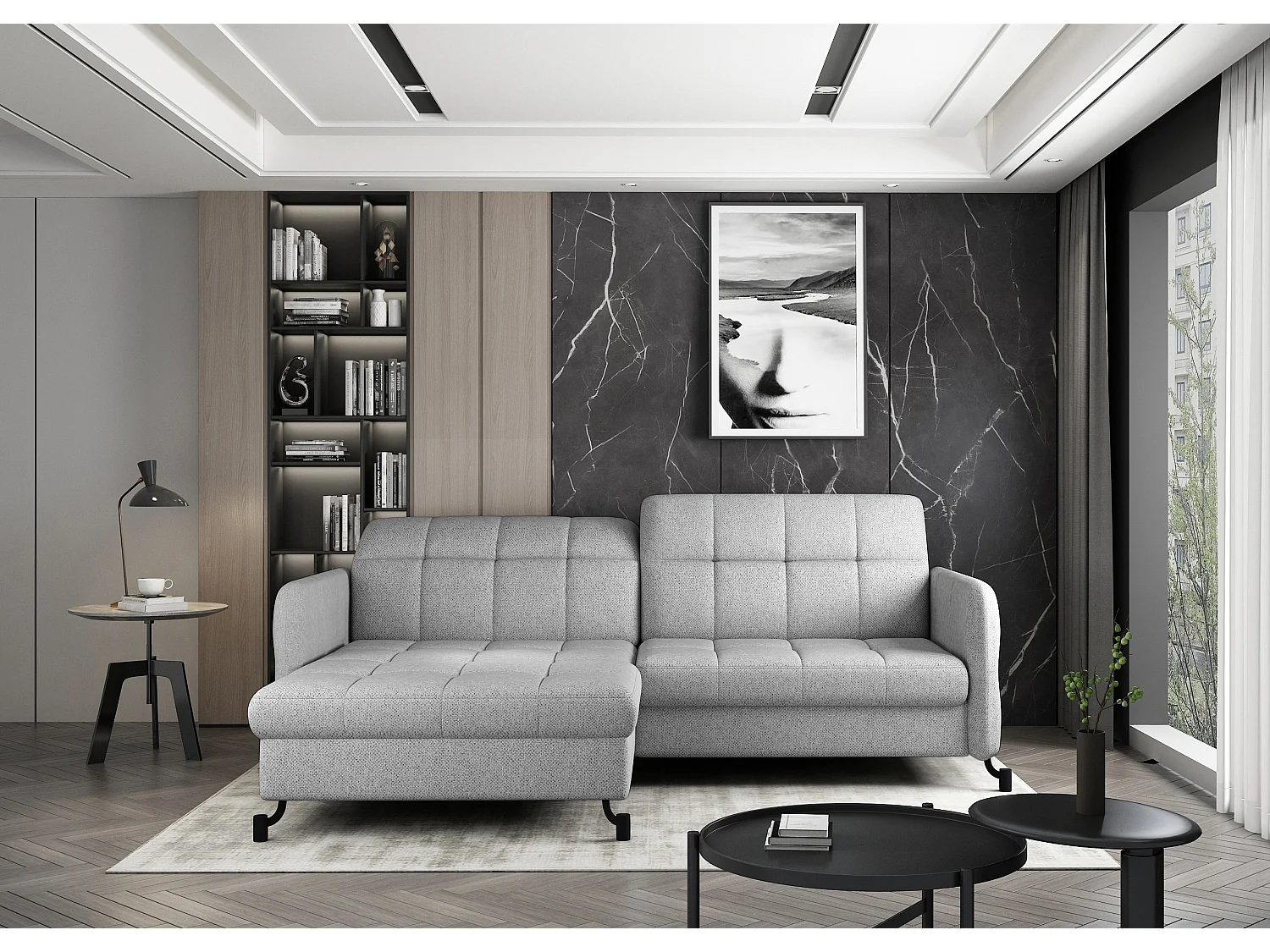 Canapé d'angle gauche convertible 3 places avec coffre en tissu chine gris clair