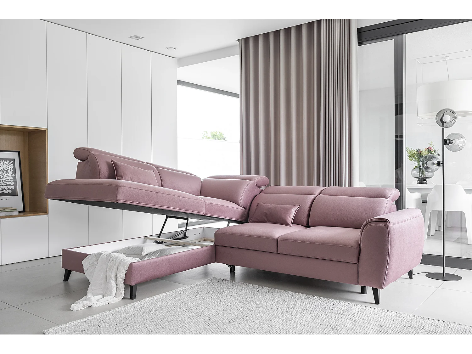 Noblesse poederroze stoffen converteerbare hoekbank links 255 cm