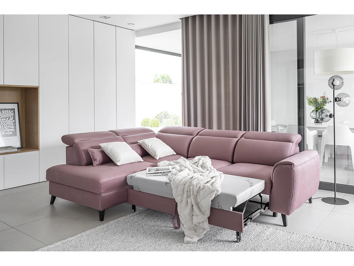 Noblesse poederroze stoffen converteerbare hoekbank links 255 cm