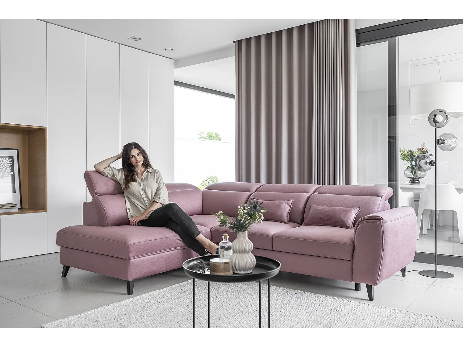 Canapé d'angle gauche convertible tissu rose poudré Noblesse 255cm