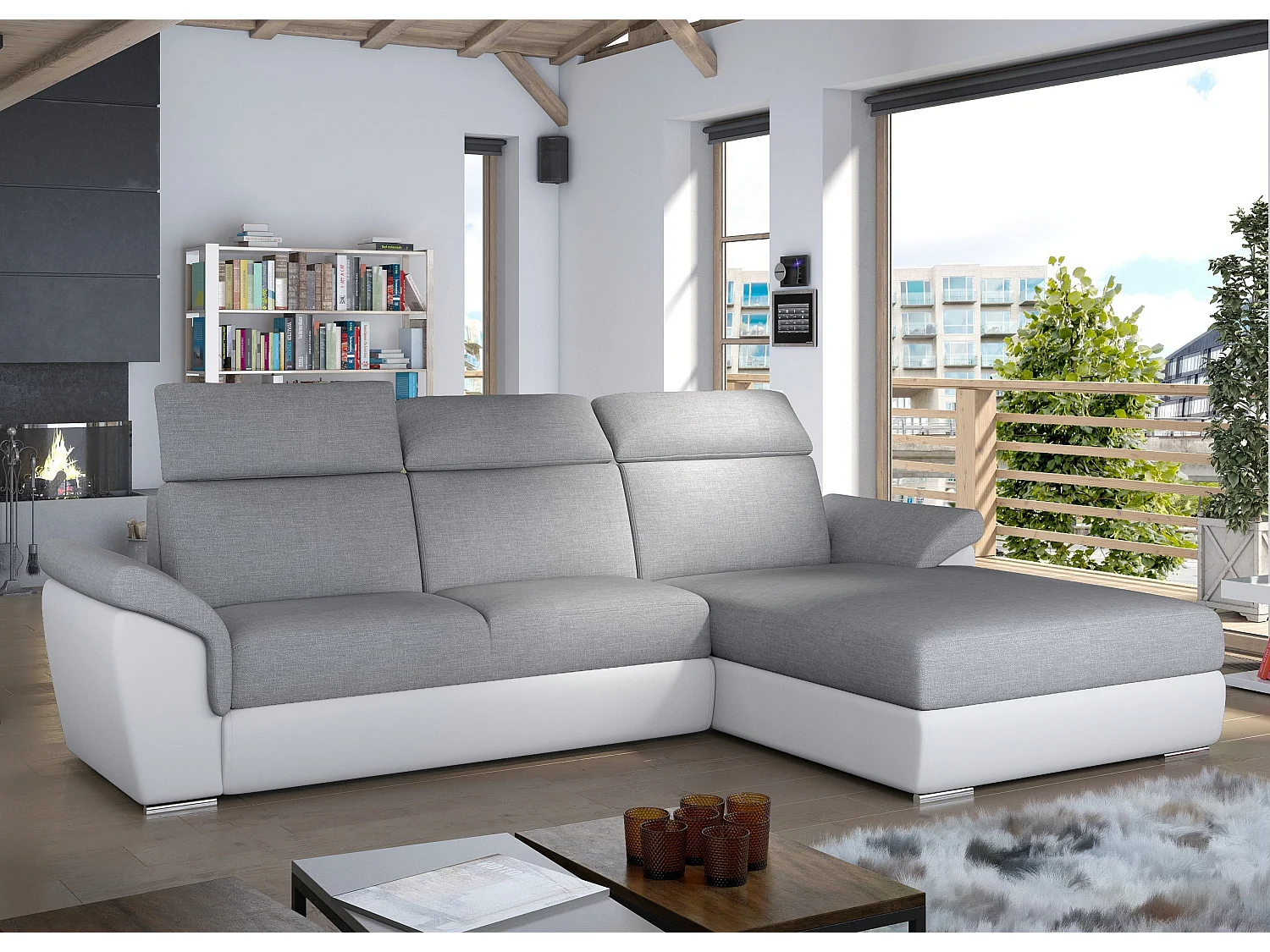 Canapé convertible d'angle droit simili blanc et tissu gris clair Suzy 272cm