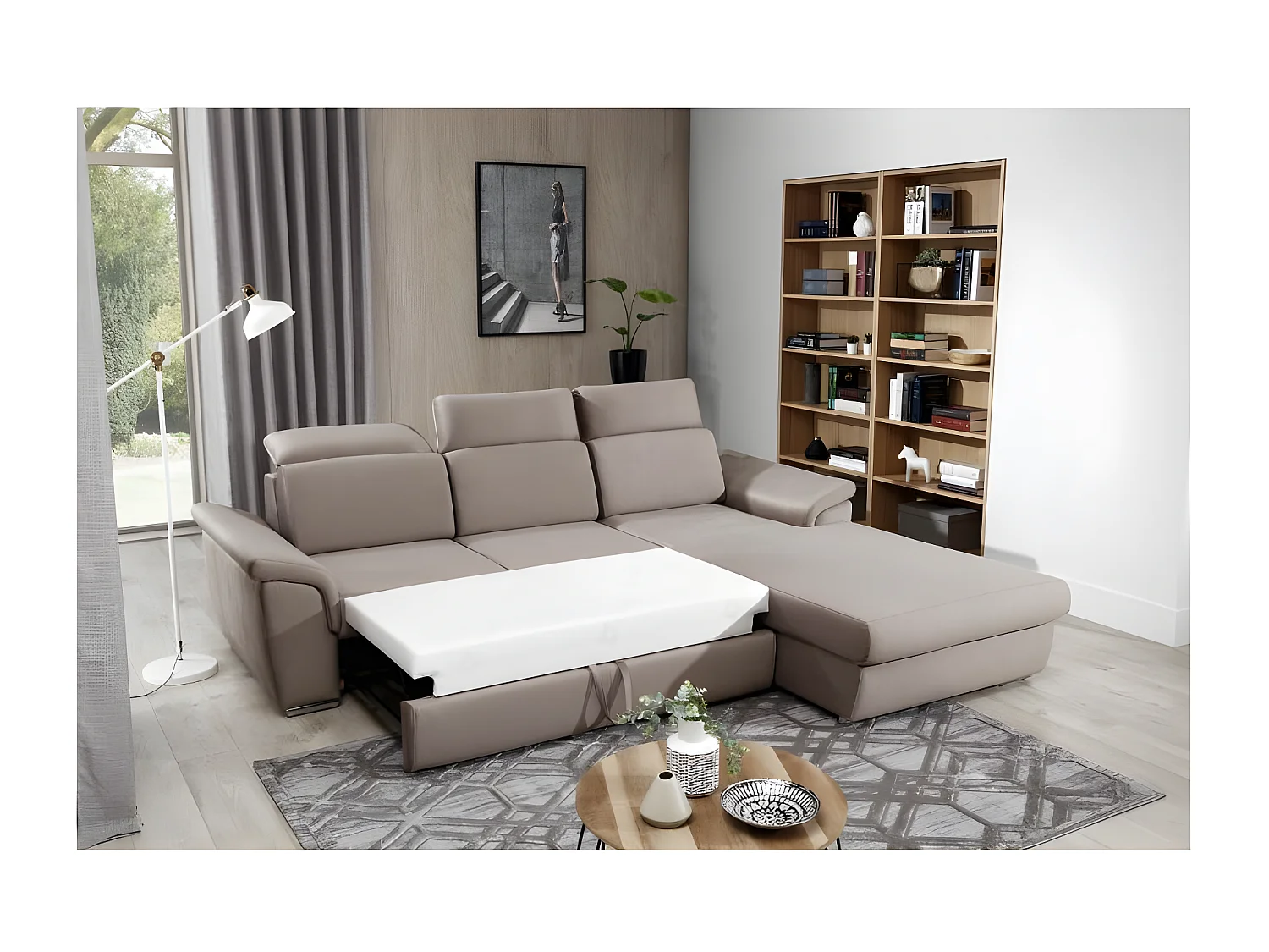 Canapé convertible d'angle droit simili blanc et tissu gris clair Suzy 272cm