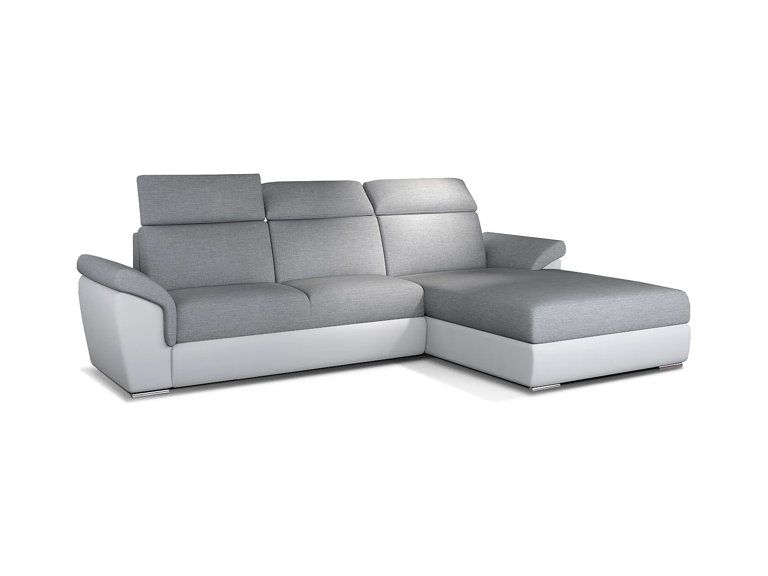Converteerbare hoekbank rechts in witte imitatie en lichtgrijze stof Suzy 272 cm