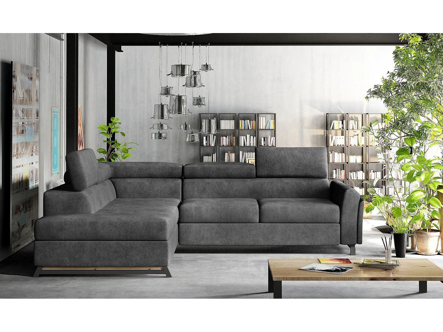 Canapé angle gauche convertible tissu doux gris foncé avec têtières réglables Nikos 265cm