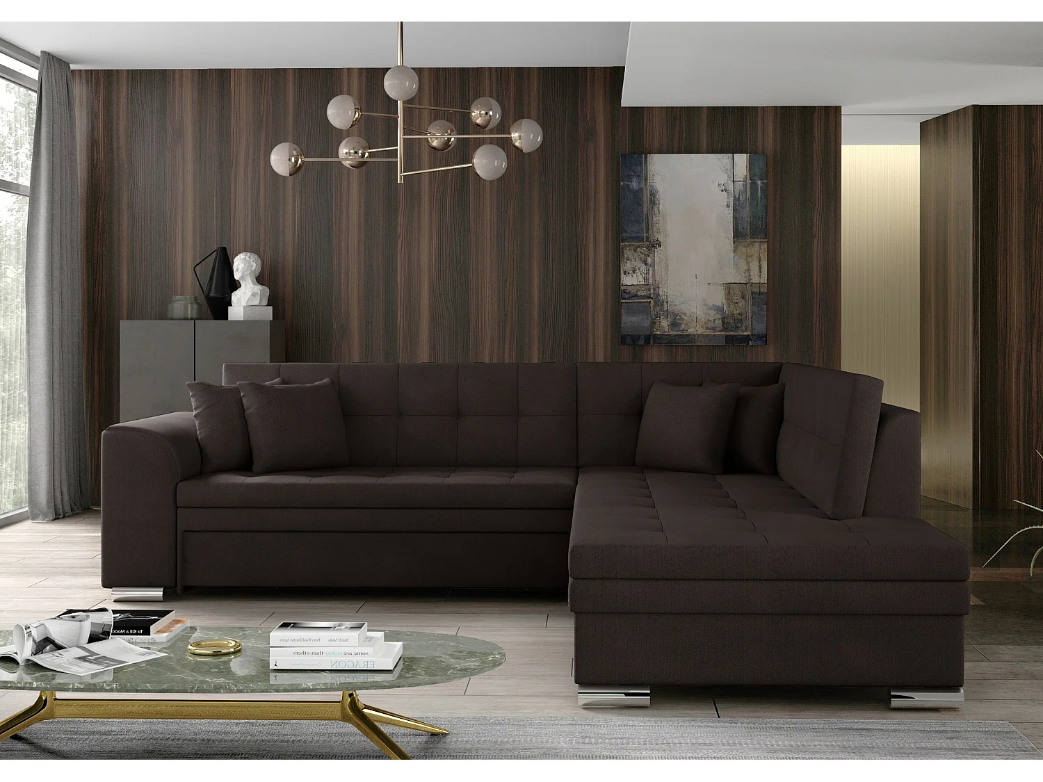 Pika chocolade en chroom fluwelen haakse slaapbank 260 cm