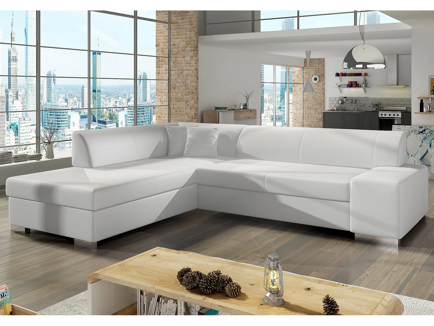Canapé convertible moderne angle gauche simili cuir blanc Plazo 278cm