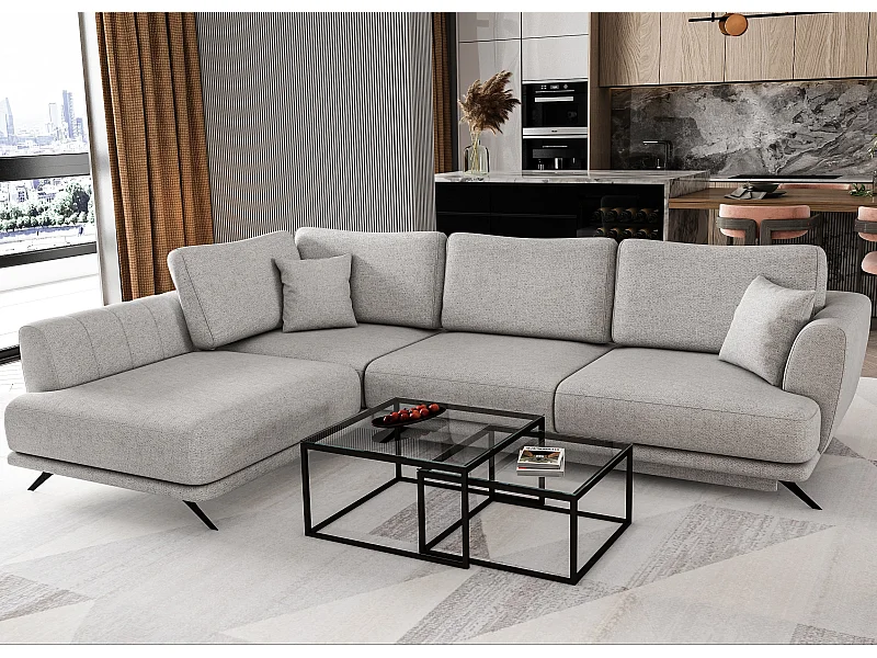 Canapé convertible angle gauche tissu gris clair chiné Savary 280cm