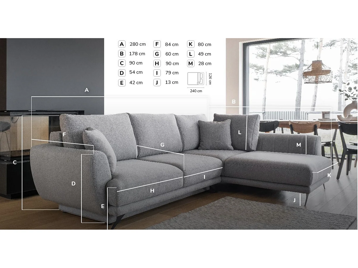 Ombouwbank linkerhoek Savary lichtgrijs gemêleerde stof 280 cm