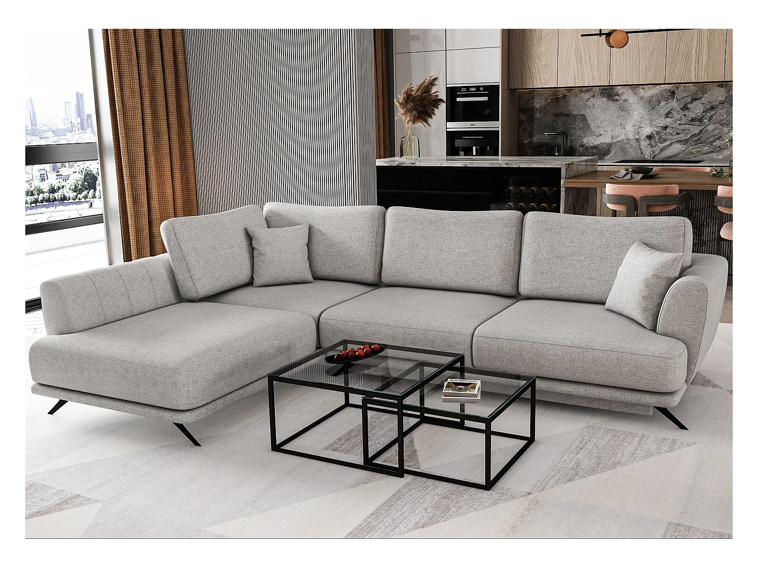 Canapé convertible angle gauche tissu gris clair chiné Savary 280cm