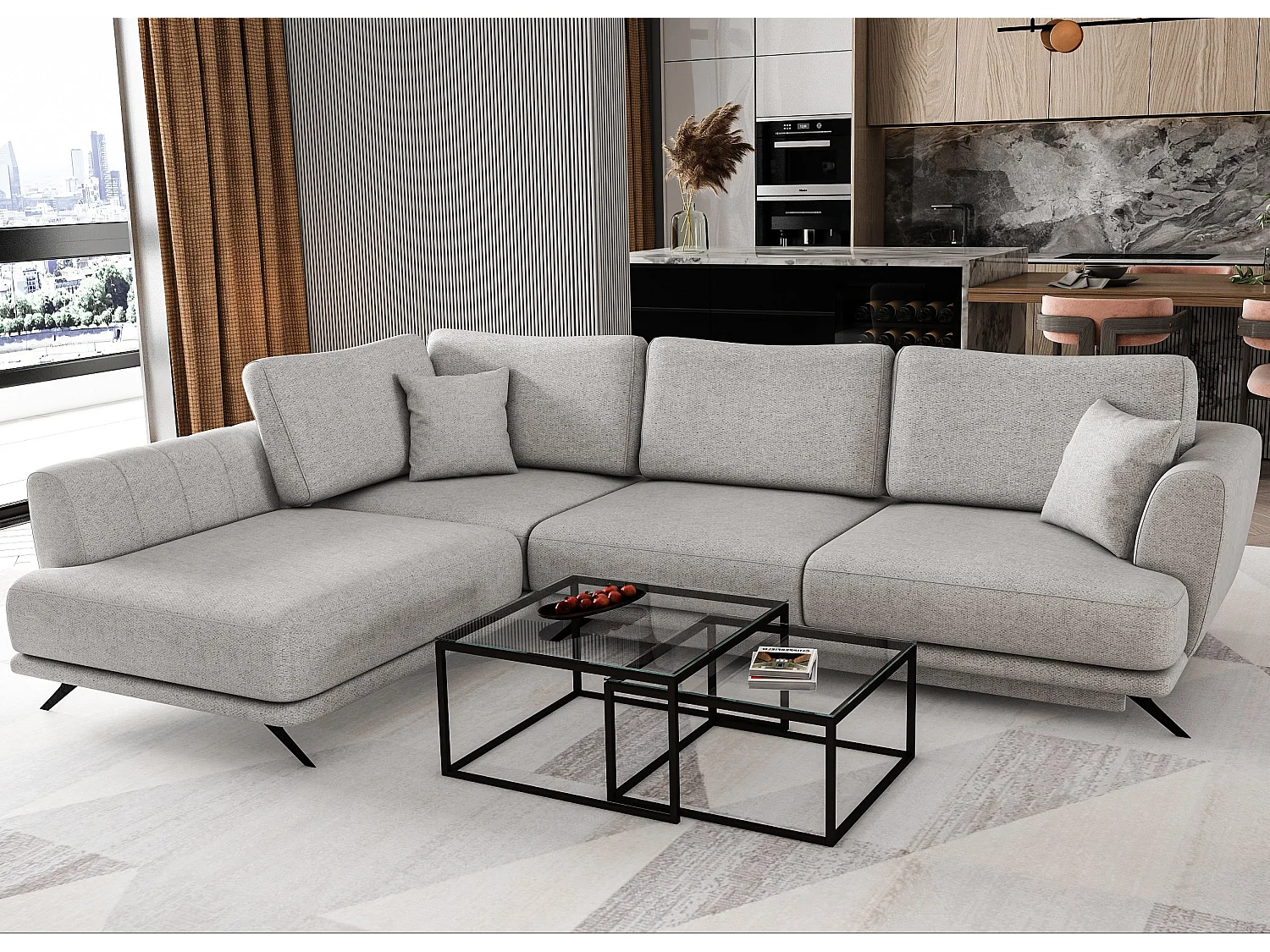 Canapé convertible angle gauche tissu gris clair chiné Savary 280cm