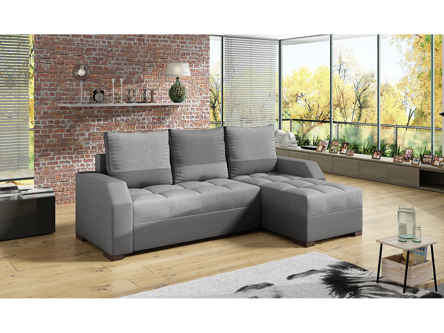 Canapé convertible angle réversible design tissu gris et simili cuir gris Zarky 250cm