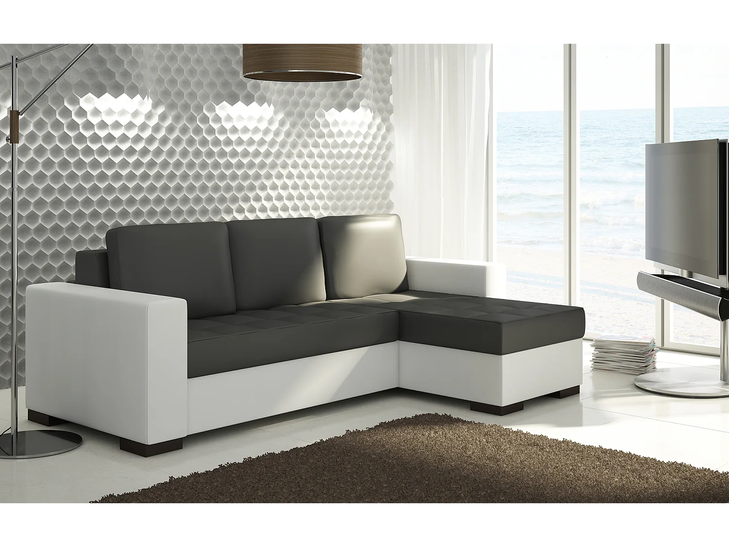 Canapé d'angle convertible et réversible simili cuir blanc et noir Zelly