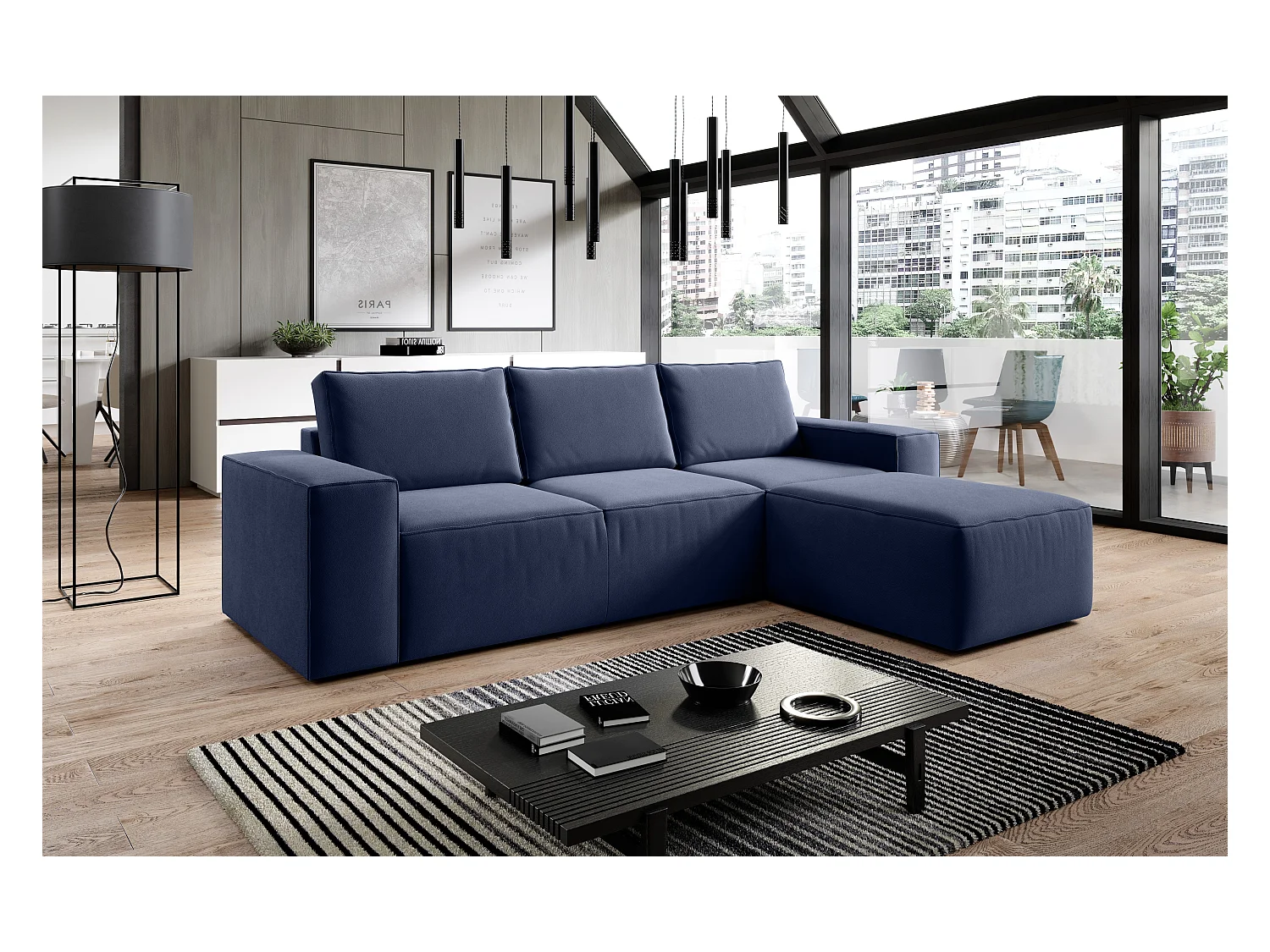 Canapé d'angle droit convertible moderne tissu bleu turquin Willace 302cm