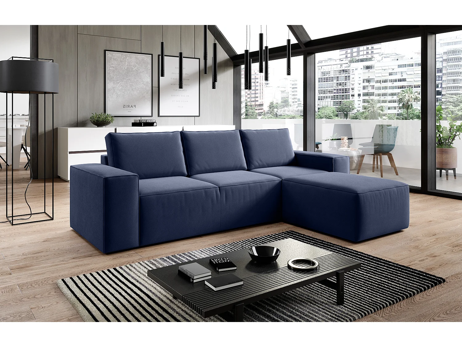 Canapé d'angle droit convertible moderne tissu bleu turquin Willace 302cm