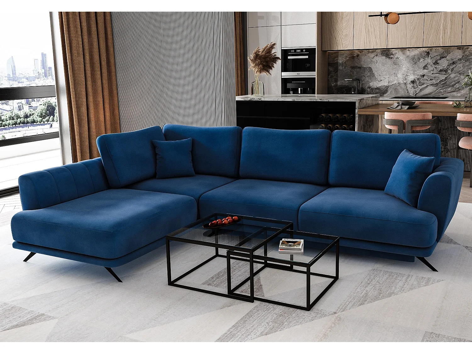 Canapé convertible angle gauche tissu bleu klein Savary 280cm