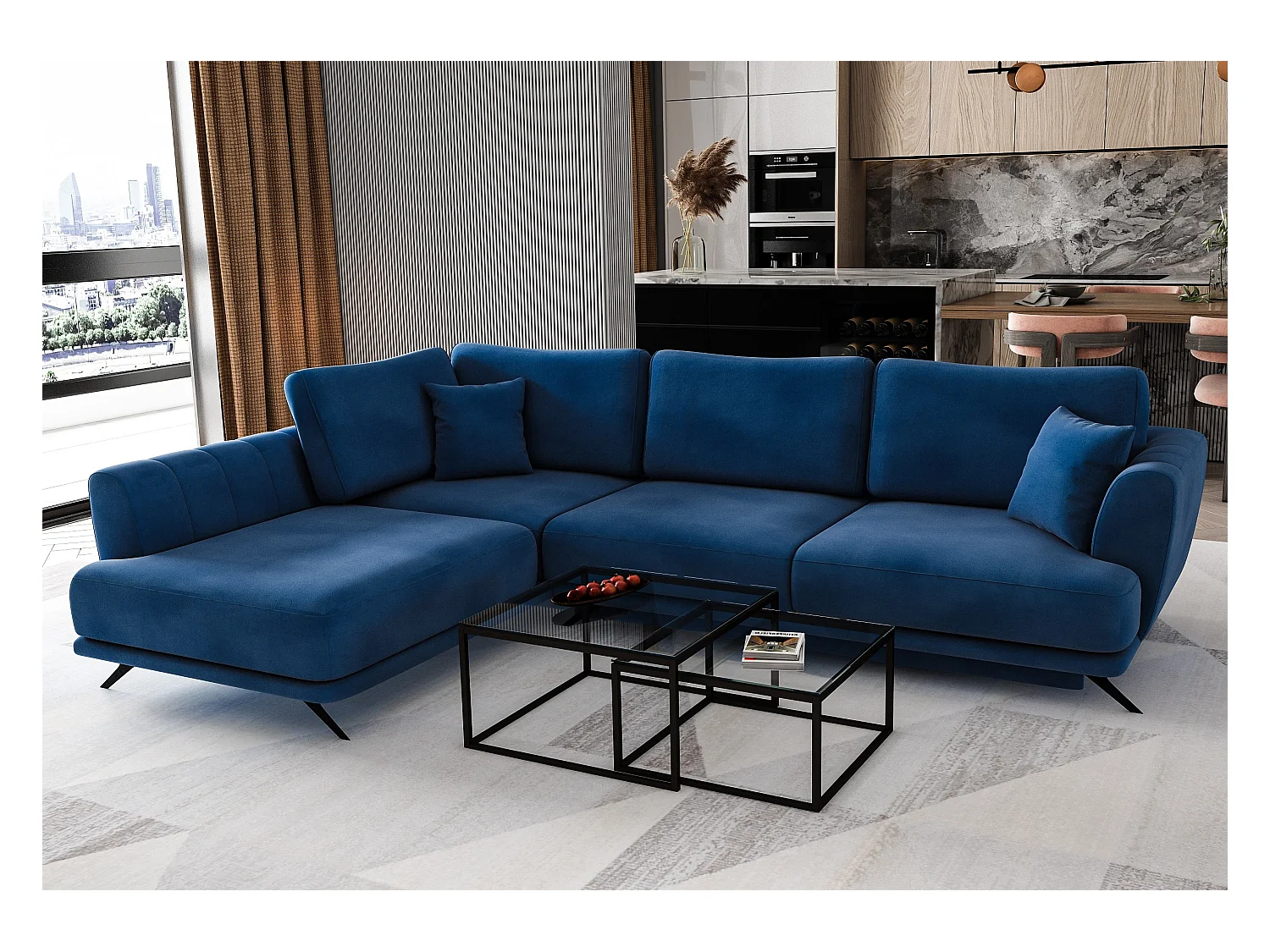 Canapé convertible angle gauche tissu bleu klein Savary 280cm