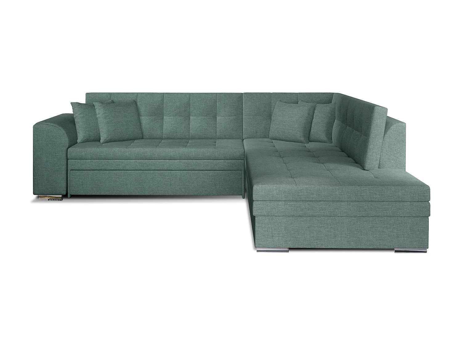 Canapé convertible angle droit tissu vert céladon et chromé Pika 260cm