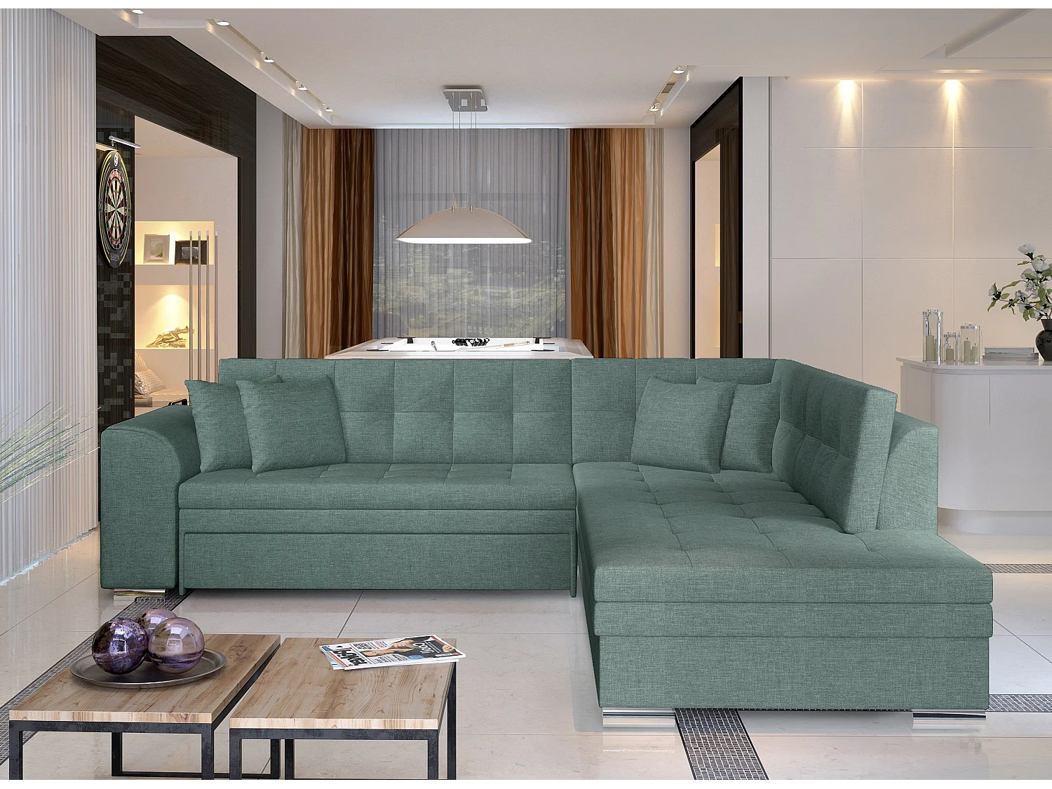 Canapé convertible angle droit tissu vert céladon et chromé Pika 260cm