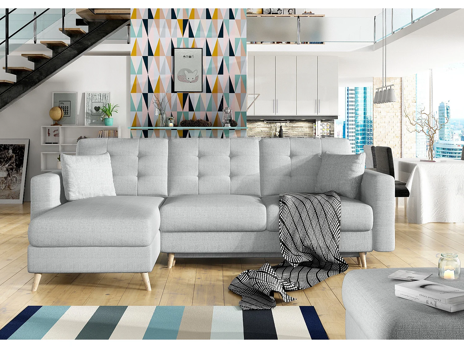 Canapé d'angle réversible et convertible tissu gris clair Anska 250cm