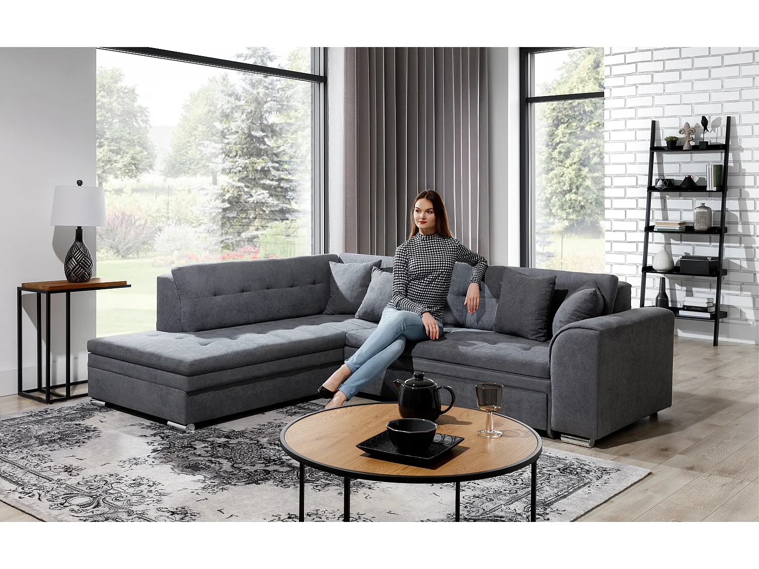 Canapé convertible angle droit tissu bleu turquin et chromé Pika 260cm