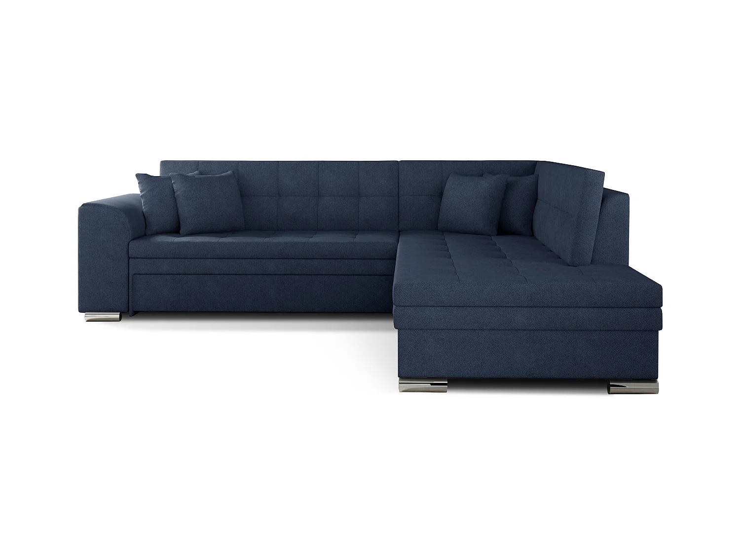Canapé convertible angle droit tissu bleu turquin et chromé Pika 260cm