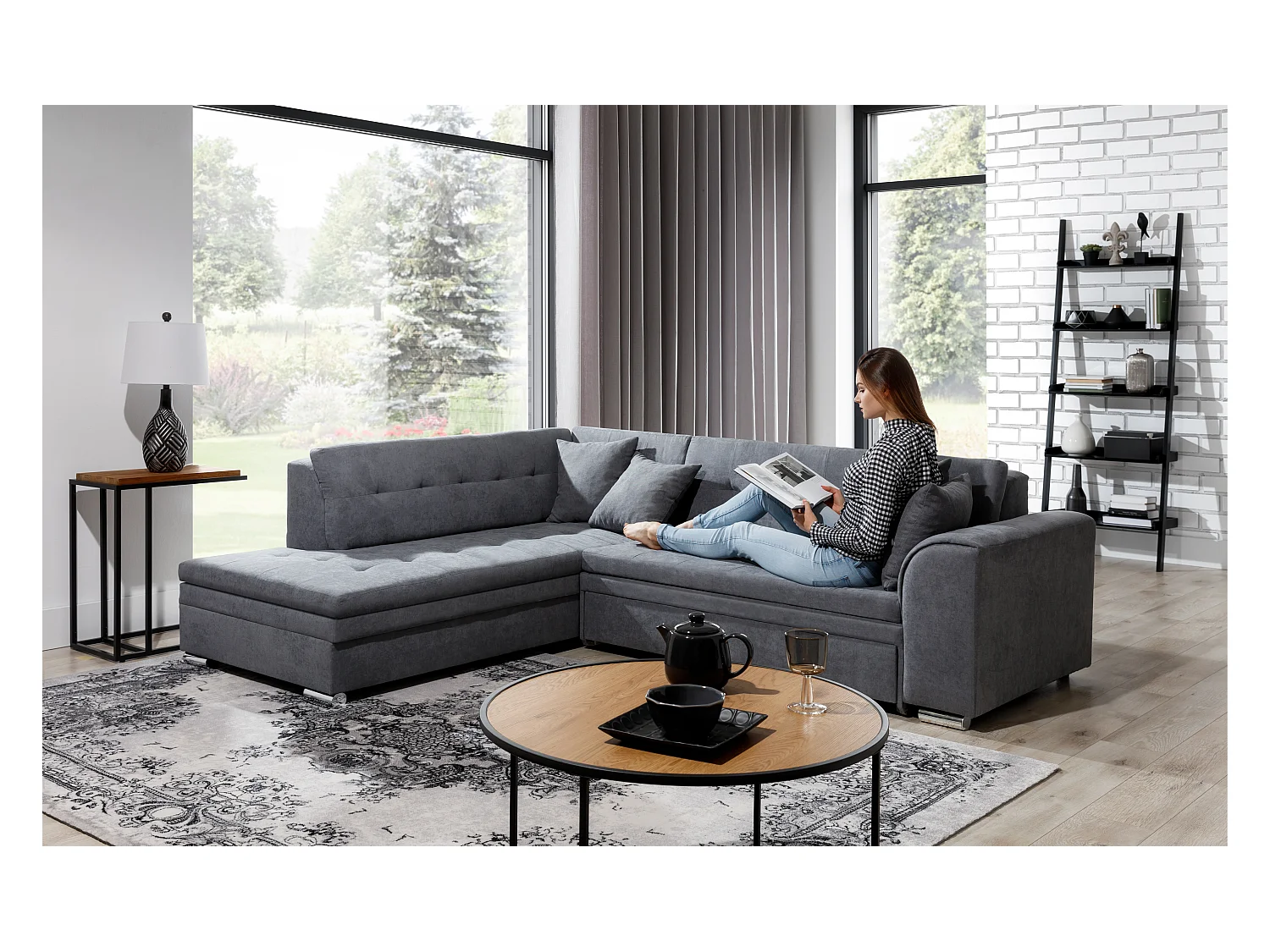 Canapé convertible angle droit tissu bleu turquin et chromé Pika 260cm