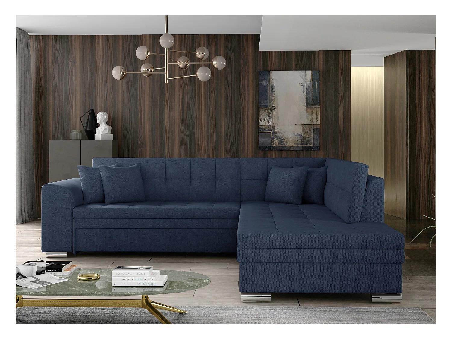 Canapé convertible angle droit tissu bleu turquin et chromé Pika 260cm