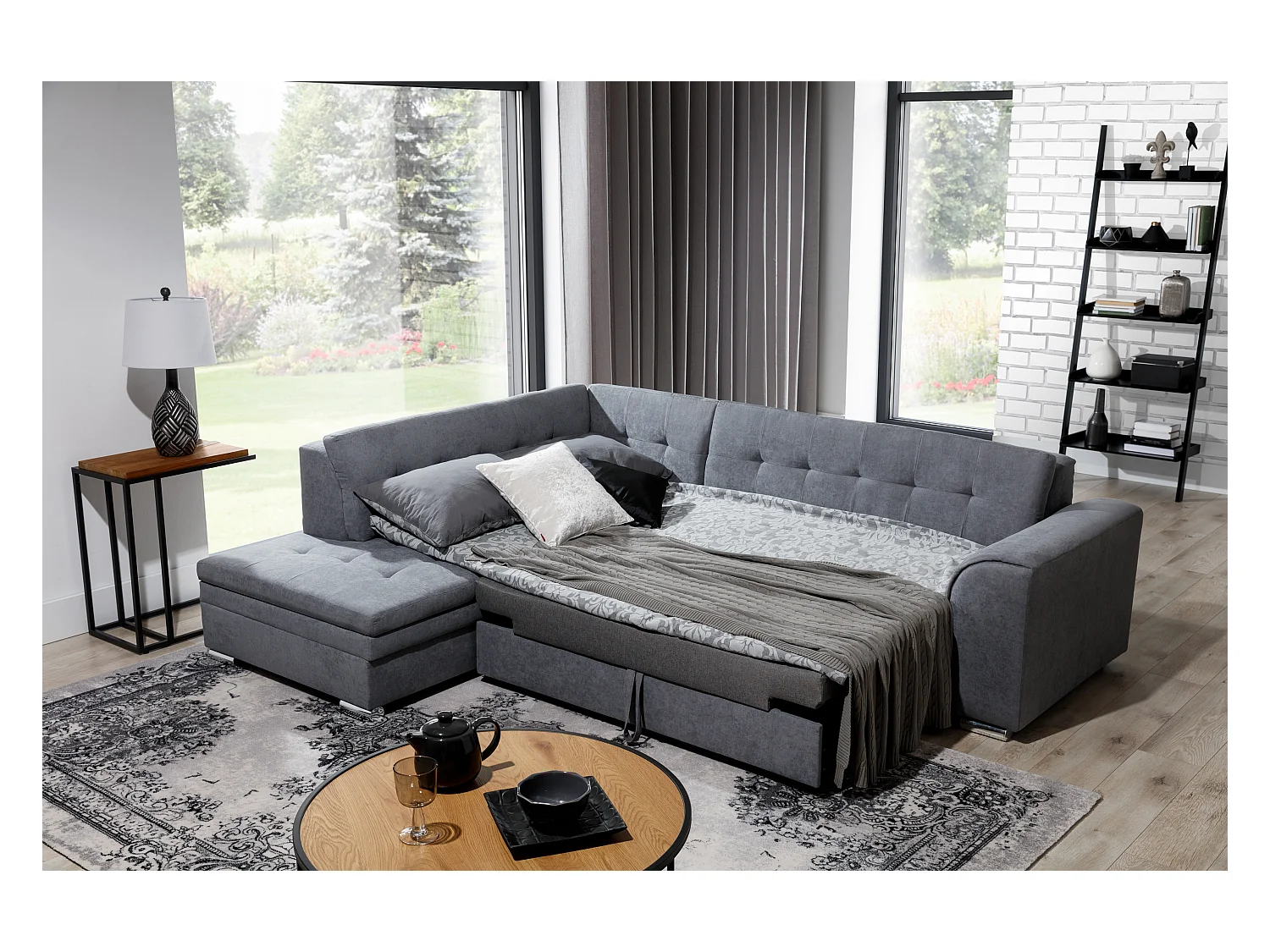 Canapé convertible angle droit tissu bleu turquin et chromé Pika 260cm