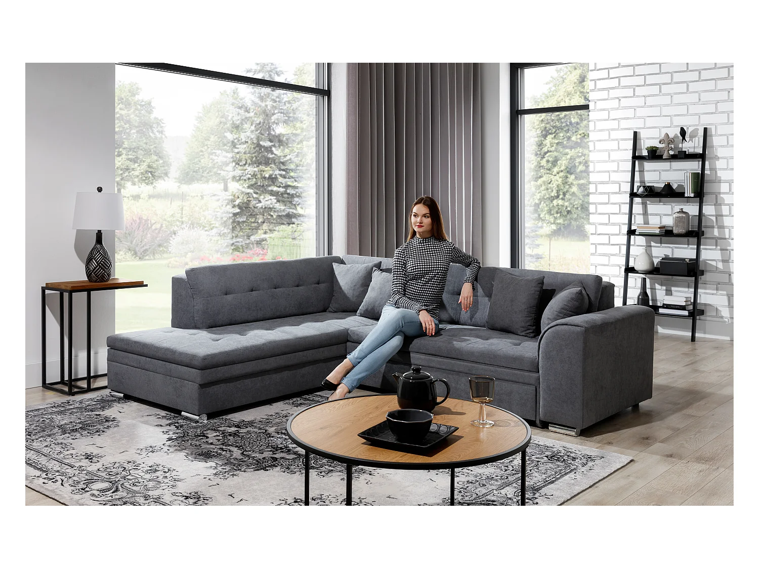 Canapé convertible angle droit tissu bleu turquin et chromé Pika 260cm