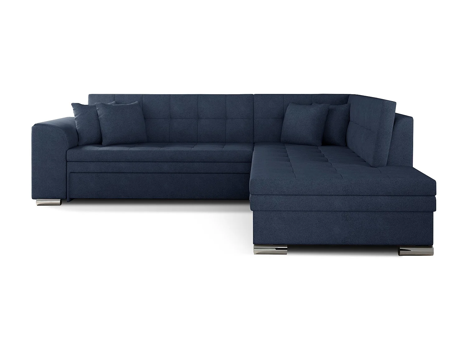 Canapé convertible angle droit tissu bleu turquin et chromé Pika 260cm