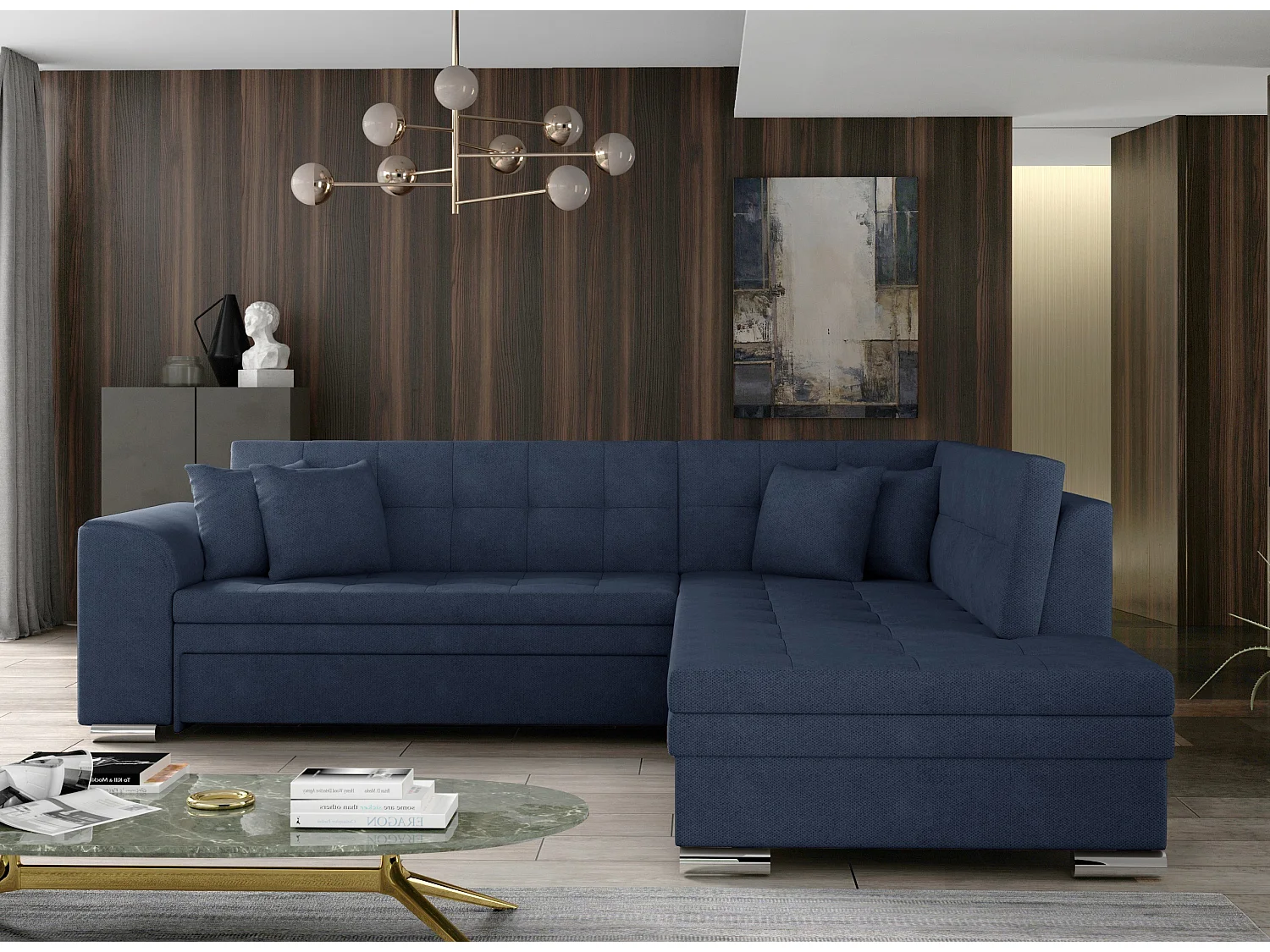 Canapé convertible angle droit tissu bleu turquin et chromé Pika 260cm