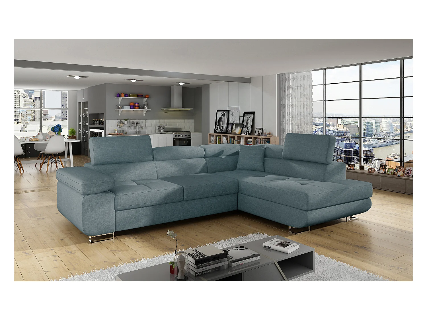 Canapé d'angle droit convertible tissu vert clair Marka 275cm