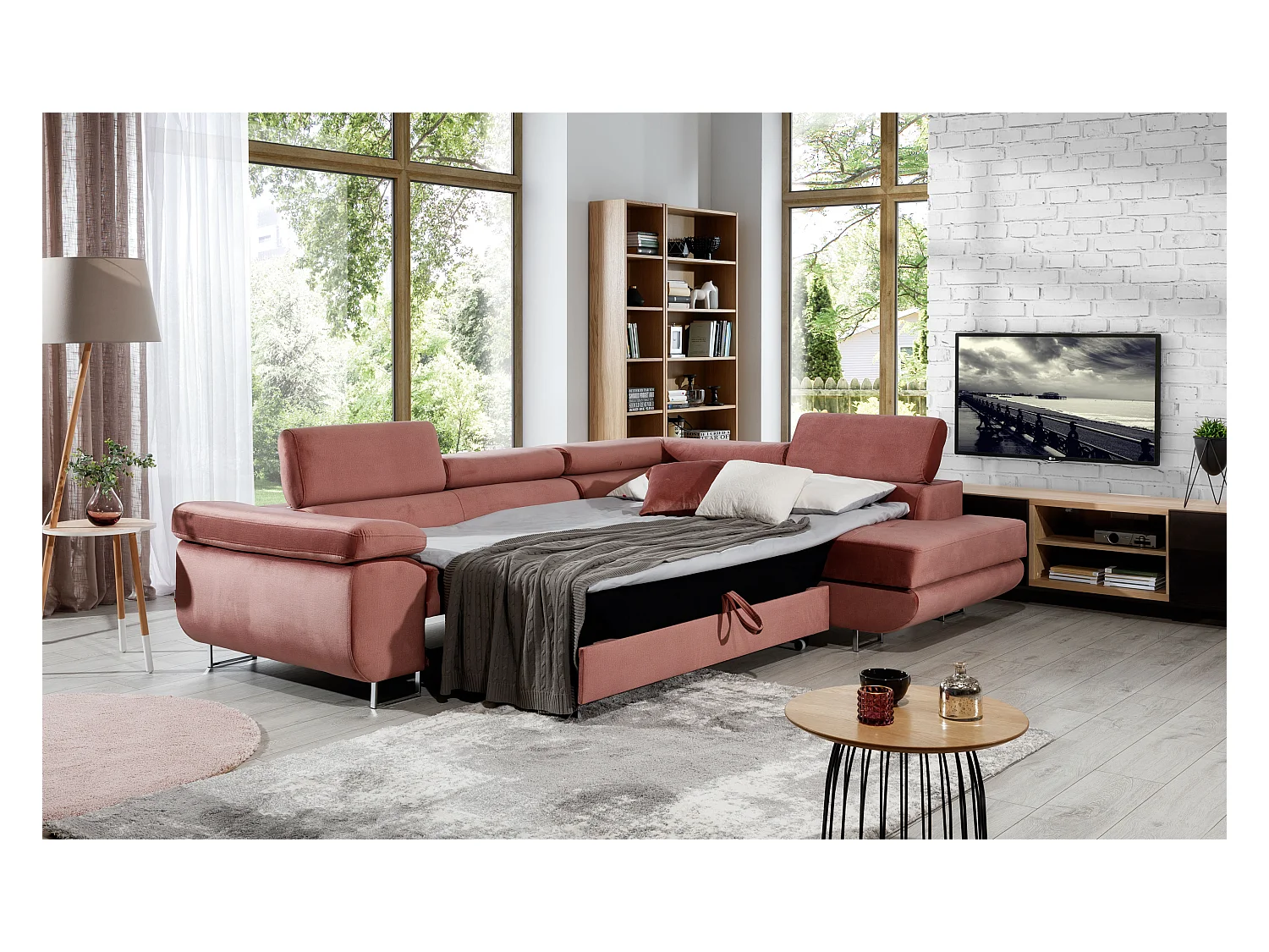 Canapé d'angle droit convertible tissu vert clair Marka 275cm