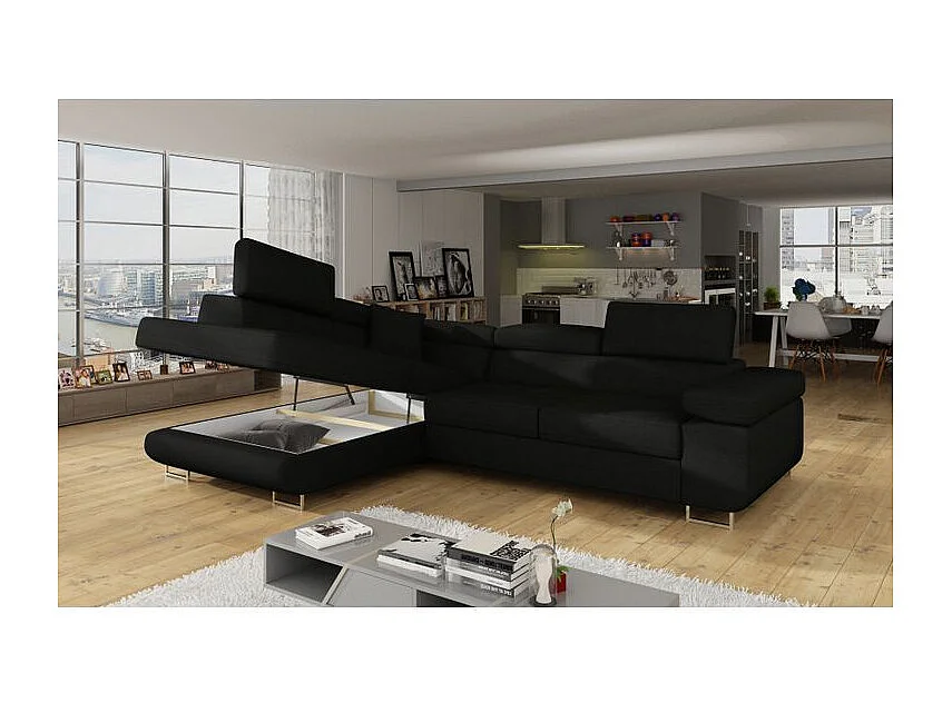 Canapé d'angle convertible tissu MARKA - Coffre et appuis-tête réglables-Vert céladon-angle droit