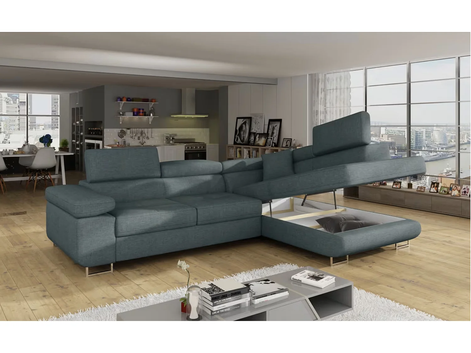 Canapé d'angle convertible tissu MARKA - Coffre et appuis-tête réglables-Vert céladon-angle droit