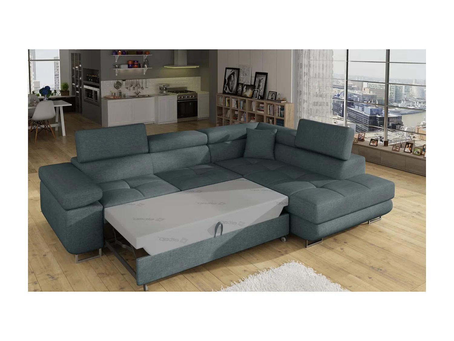 Canapé d'angle convertible tissu MARKA - Coffre et appuis-tête réglables-Vert céladon-angle droit