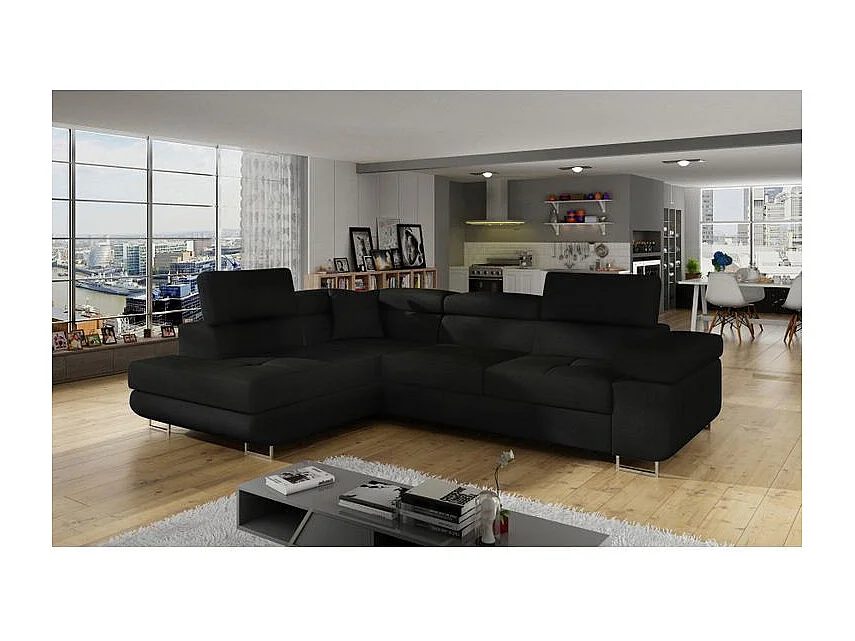 Canapé d'angle convertible tissu MARKA - Coffre et appuis-tête réglables-Vert céladon-angle droit