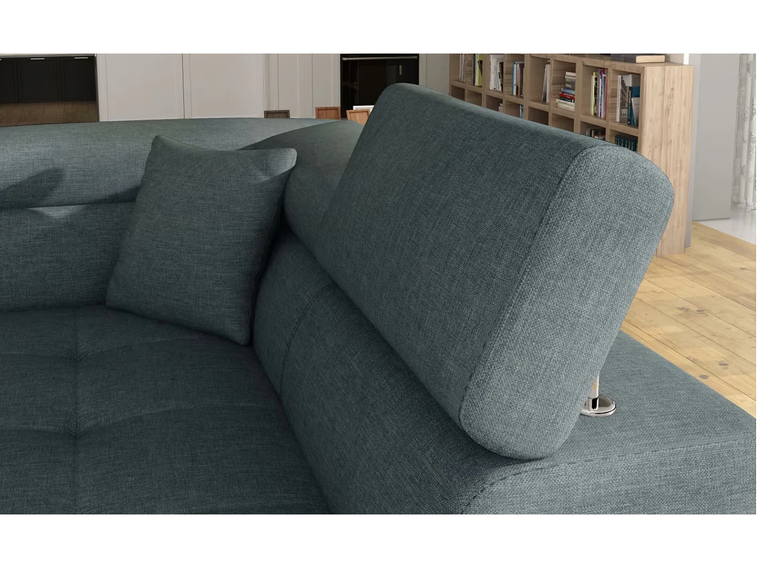 Canapé d'angle convertible tissu MARKA - Coffre et appuis-tête réglables-Vert céladon-angle droit